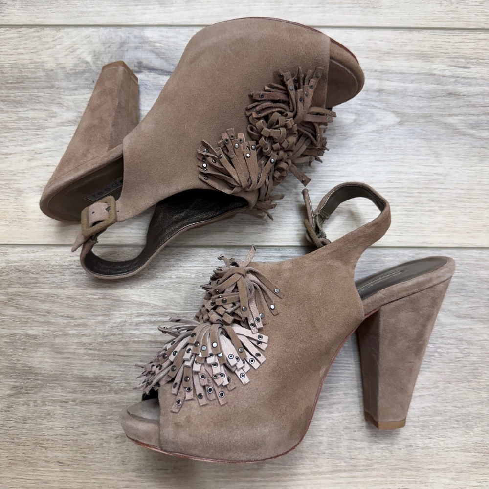 Reed Evins Suede Studded Fringe Slingback PeepToe Heels Boho Coastal Cowgirl 8.5 - Picture 3 of 11